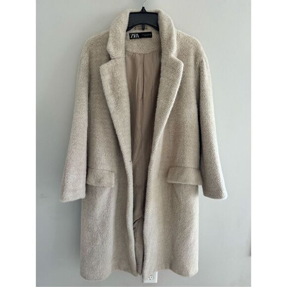 Zara Long Oversized Beige Herringbone Fuzzy Jacket, Women’s Size Small - Picture 1 of 8